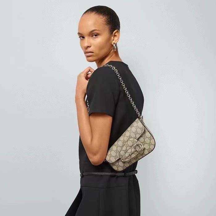 Gucci Women Gucci Horsebit 1955 Mini Shoulder Bag Beige Ebony GG Supreme Canvas