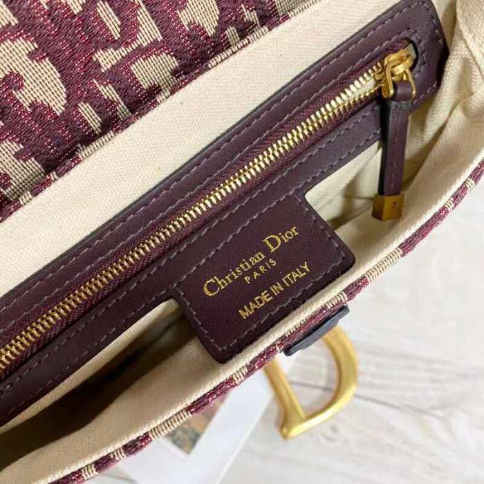 Dior Women Iconic Saddle Bag Burgundy Dior Oblique Embroidered Canvas