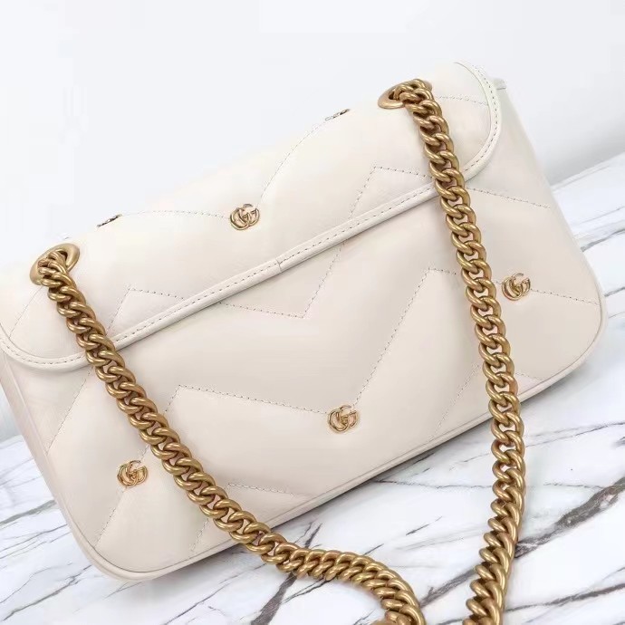 Gucci Women GG Marmont Small Shoulder Bag Double G White Matelassé Chevron Leather