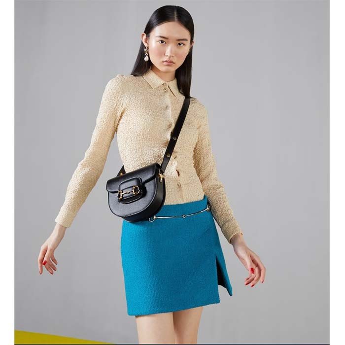 Gucci GG Women Gucci Horsebit 1955 Mini Rounded Bag Black Leather Cotton Linen Lining