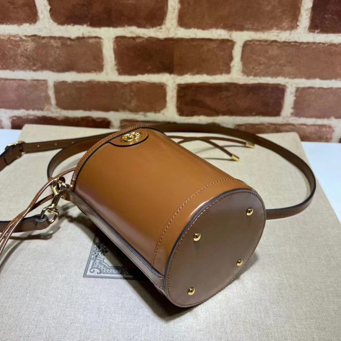 Gucci Women GG Ophidia Mini Bucket Bag Brown Leather Double G Drawstring Closure
