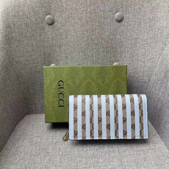 Gucci Women Double G Mini Bag Chain Blue Stripe Print Beige Ebony GG Supreme Canvas