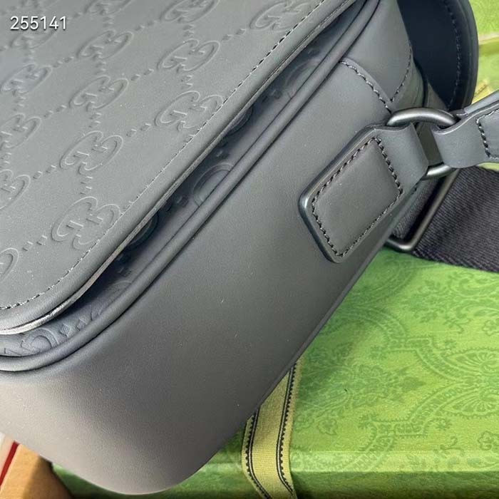 Gucci Unisex GG Crossbody Bag Black Rubber-Effect Leather Flap Zip Closure