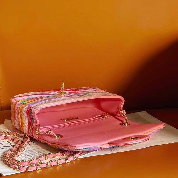 Chanel Women CC Mini Flap Bag Embroidered Satin Sequins Pink