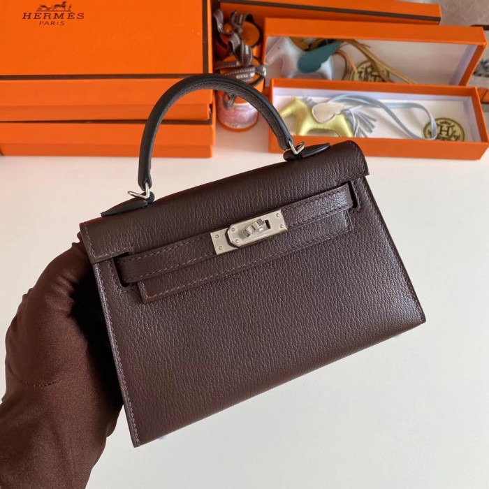 Hermes Women Mini Kelly 20 Bag Suede Leather Silver Hardware-Chocolate