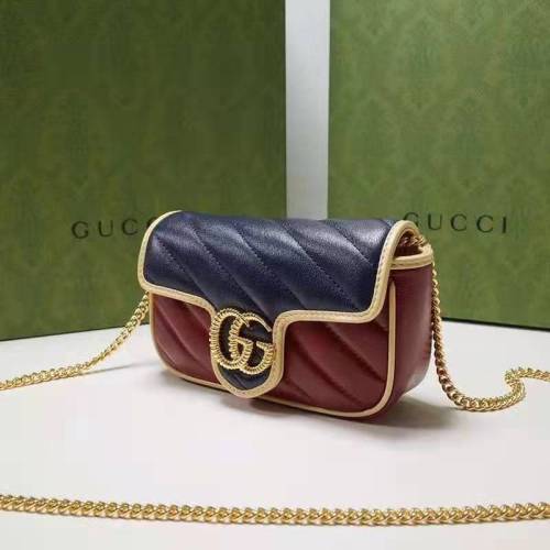 Gucci Unisex GG Marmont Super Mini Bag Blue and Dark Red Diagonal Matelassé Leather
