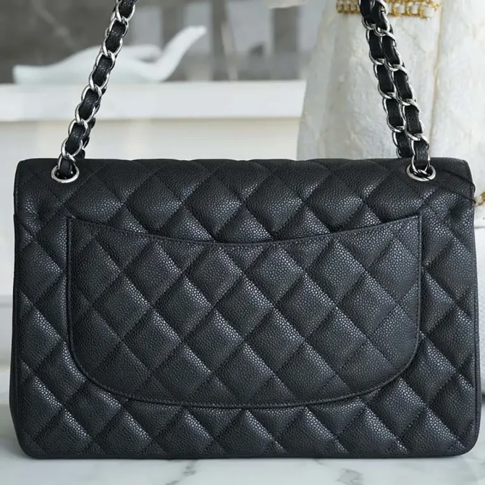 Chanel Women Large Classic Handbag in Grained Calfskin Silver Tone Metal-Black