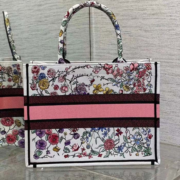 Dior Women CD Medium Book Tote White Multicolor Florilegio Embroidery