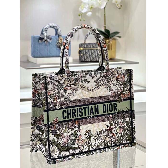 Dior Unisex Large Dior Book Tote Ecru Multicolor 4 Saisons Automne Soleil Embroidery