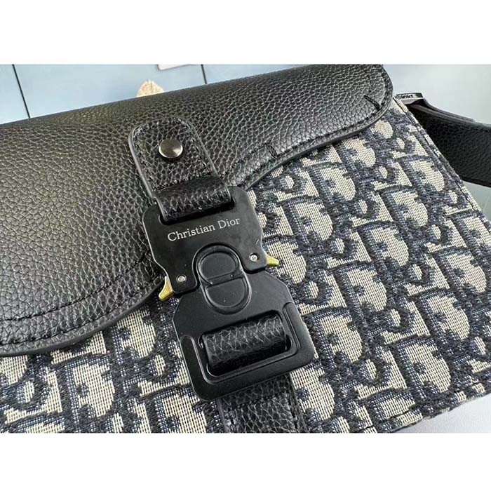 Dior Unisex CD Mini Saddle Bag Strap Beige Black Oblique Jacquard Black Grained Calfskin