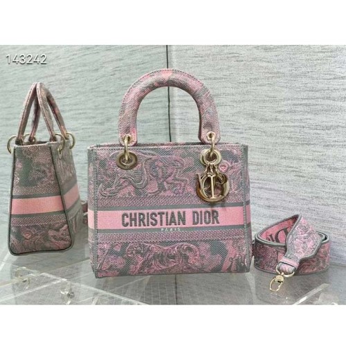 Dior Women CD Medium Lady D-Lite Bag Gray Pink Toile De Jouy Reverse Embroidery