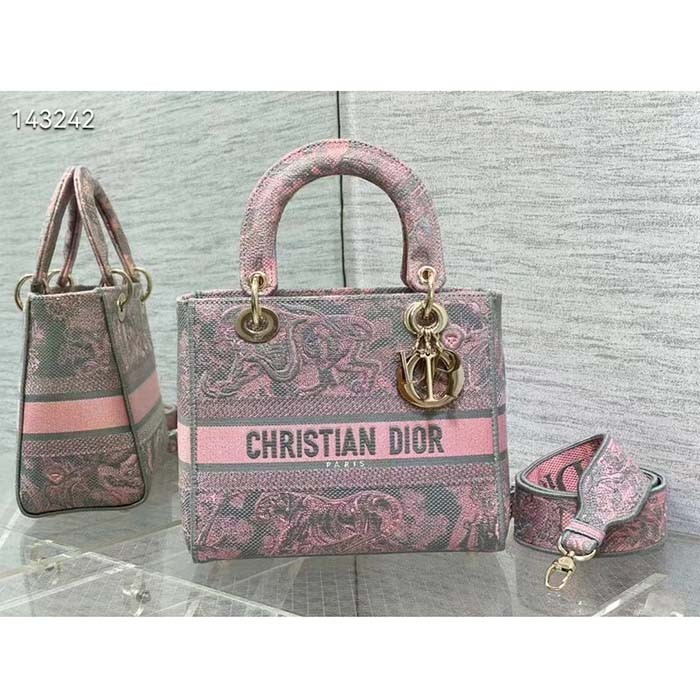 Dior Women CD Medium Lady D-Lite Bag Gray Pink Toile De Jouy Reverse Embroidery