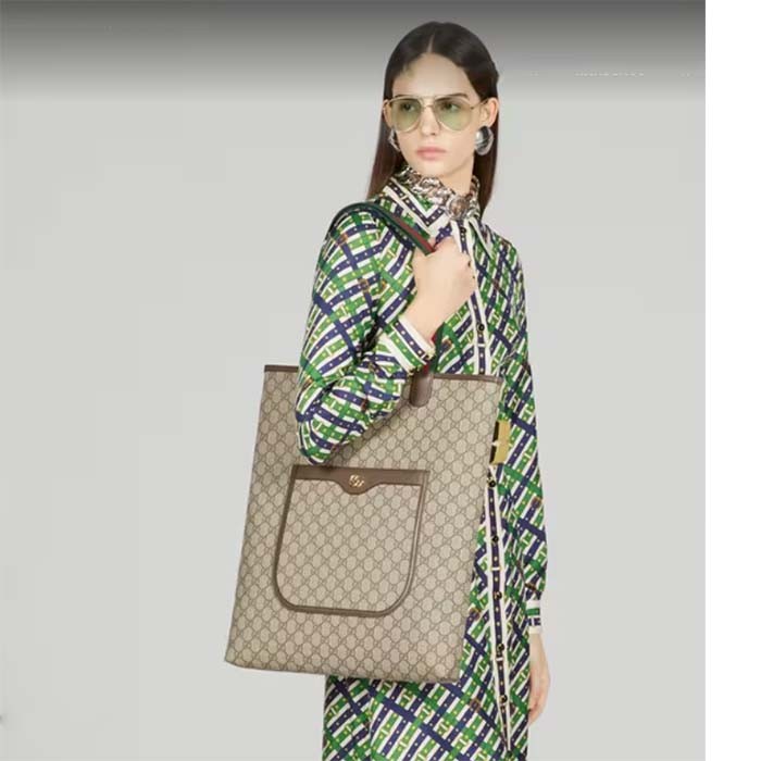 Gucci Unisex Ophidia GG Large Tote Bag Beige Ebony GG Supreme Canvas Brown Leather