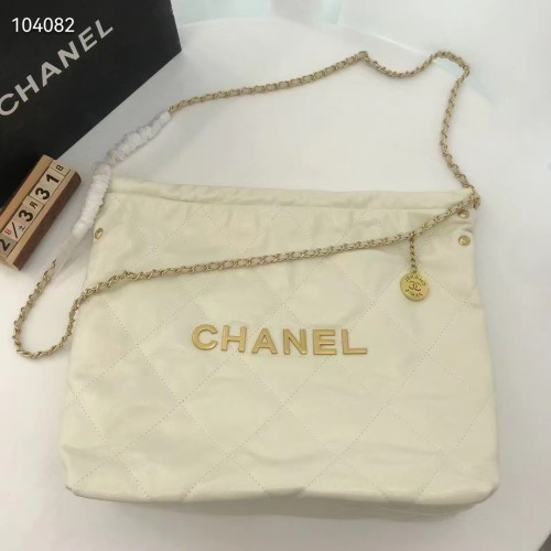 Chanel Women 22 Small Handbag Shiny Calfskin Gold-Tone Metal Beige