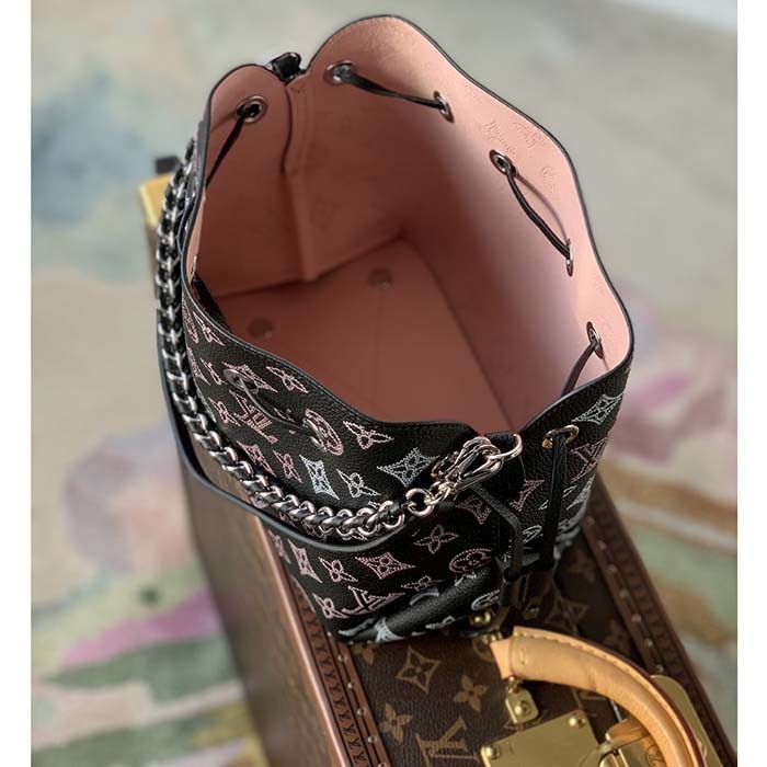 Louis Vuitton LV Women Bella Bucket Bag Black Perforated Mahina Calf Leather