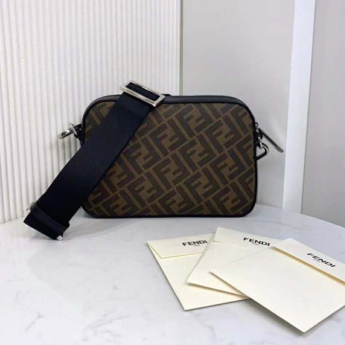 Fendi Unisex Camera Case Compact Shoulder Brown Fabric Bag FF Motif