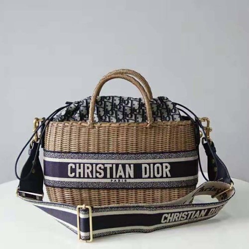 Dior Women Dior Wicker Basket Bag Blue Dior Oblique Jacquard and Natural Wicker