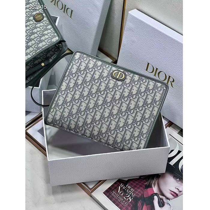 Dior Unisex CD Medium 30 Montaigne Pouch Gray Dior Oblique Jacquard