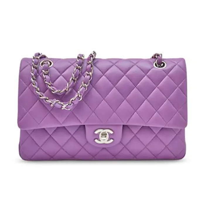 Chanel Women Classic 11.12 Handbag Grained Shiny Calfskin Silver-Tone Metal-Purple
