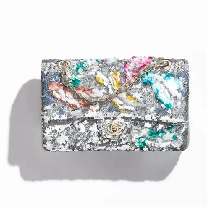 Chanel Women Classic 11.12 Handbag Embroidered Satin Sequins Glass Pearls Silver Tone Metal