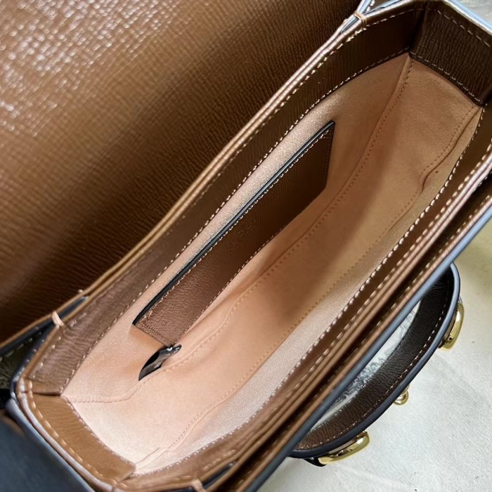 Gucci Women GG Horsebit 1955 Mini Round Shoulder Bag Brown Leather Cotton Linen Lining