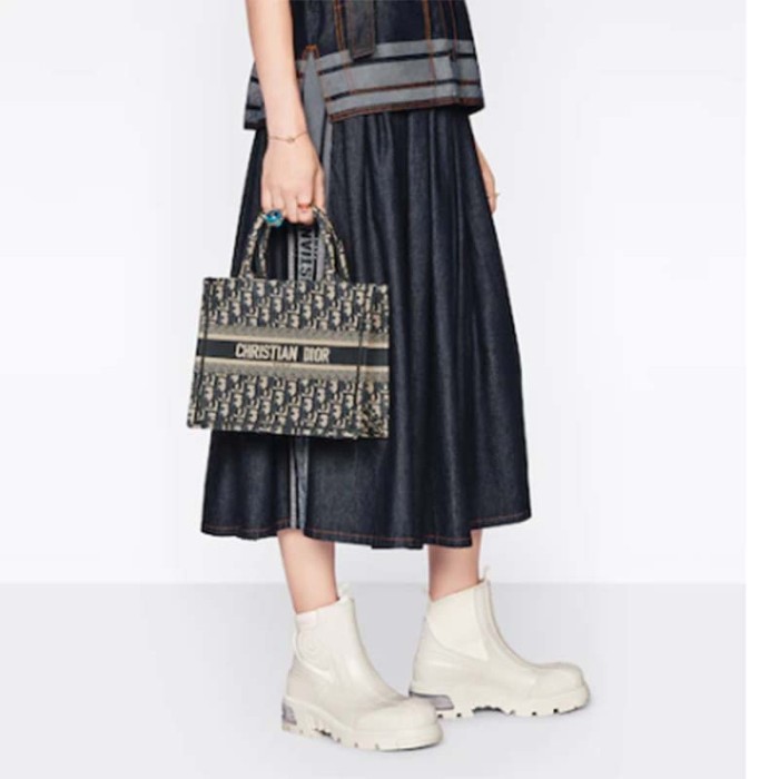 Dior Women Small Dior Book Tote Blue Dior Oblique Embroidery