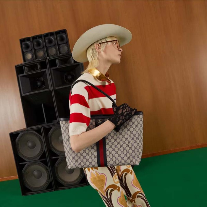Gucci GG Unisex Ophidia Medium GG Tote Bag Beige Blue Supreme Canvas