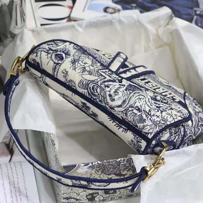 Dior Women Saddle Bag Blue Toile De Jouy Embroidery