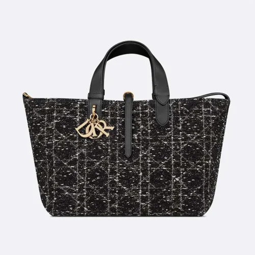 Dior Women Medium Dior Toujours Bag Black Tweed with White Cannage Motif