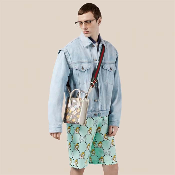 Gucci Unisex Animal Print Mini Tote Bag Beige Ebony GG Supreme Canvas