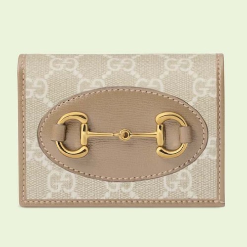 Gucci Unisex Horsebit 1955 Card Case Wallet Beige White GG Supreme Canvas