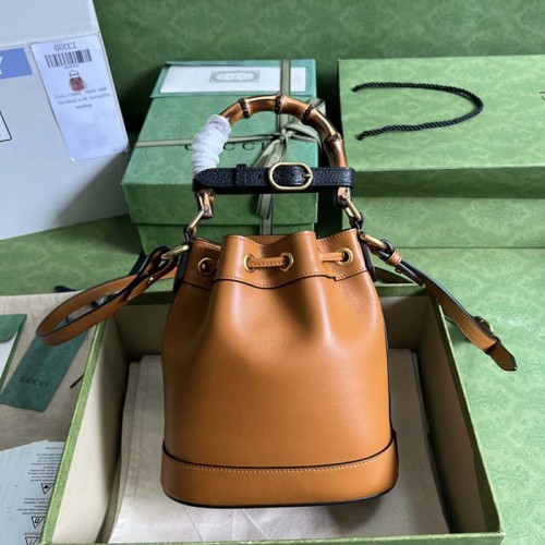Gucci Women GG Diana Mini Bucket Bag Brown Leather Double G