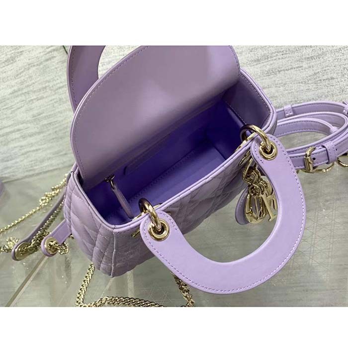 Dior Women CD Mini Lady Dior Bag Lilac Cannage Lambskin