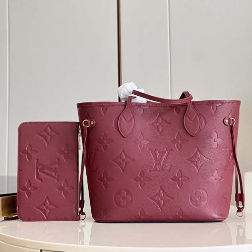 Louis Vuitton LV Unisex Neverfull MM Wine Red Monogram Empreinte Embossed Grained Cowhide Leather