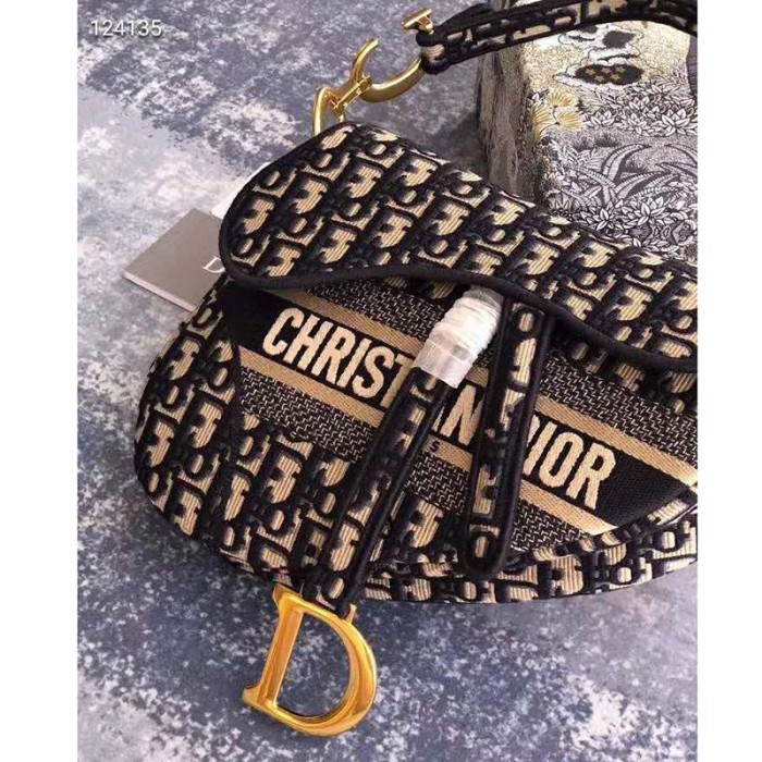 Dior Women Saddle Bag Blue Dior Oblique Embroidery 'CD' Structure