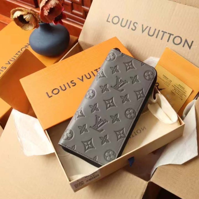 Louis Vuitton LV Unisex Zippy Wallet Galet Gray Mahina Perforated Calf Leather