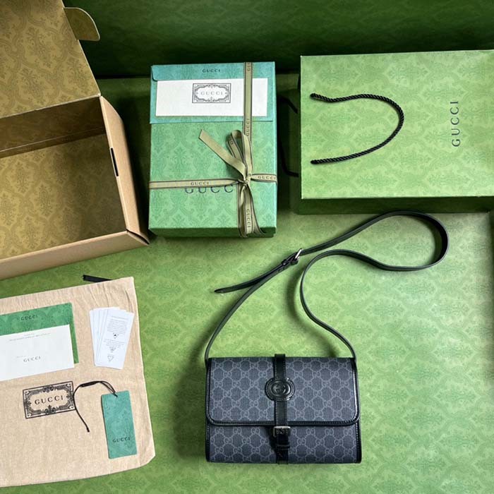 Gucci Unisex Messenger Bag Interlocking G Black GG Supreme Canvas Leather