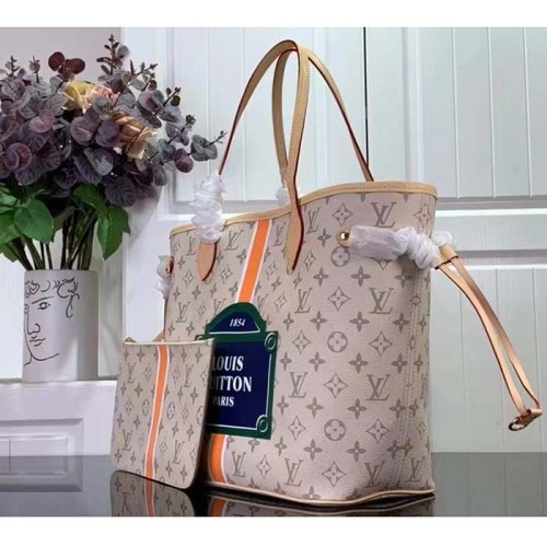 Louis Vuitton LV Unisex Neverfull MM Beige Ocher Monopaname Coated Canvas Cowhide Leather