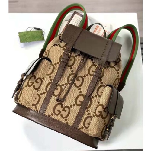 Gucci Unisex Backpack Jumbo GG Camel Ebony Canvas Brown Leather