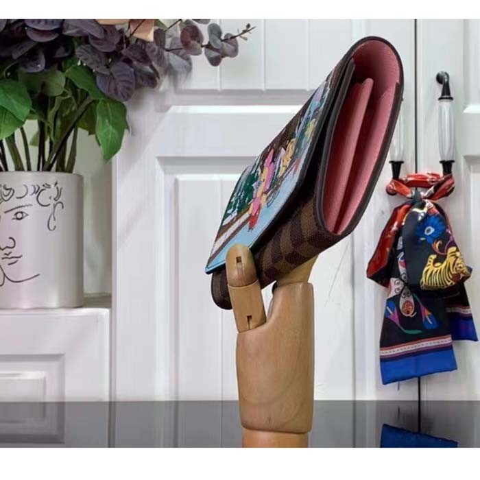 Louis Vuitton LV Unisex Sarah Wallet Pink Damier Ebene Coated Canvas Grained Cowhide Leather