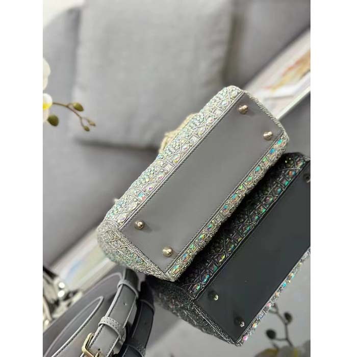 Dior Women CD Small Lady Dior Bag Gray Smooth Calfskin Satin Bead Embroidery