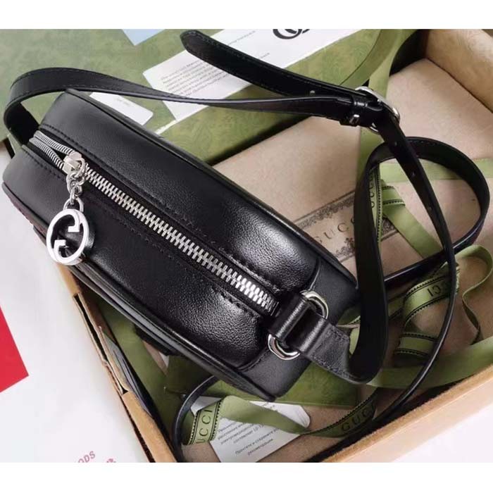 Gucci Women GG Blondie Mini Shoulder Bag Black Leather Round Interlocking G Patch