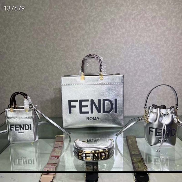 Fendi Women Fendi Sunshine Medium Silver Laminated Leather Shopper