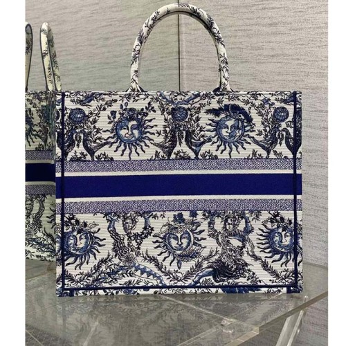 Dior Unisex Medium Book Tote White Navy Blue Toile De Jouy Soleil Embroidery