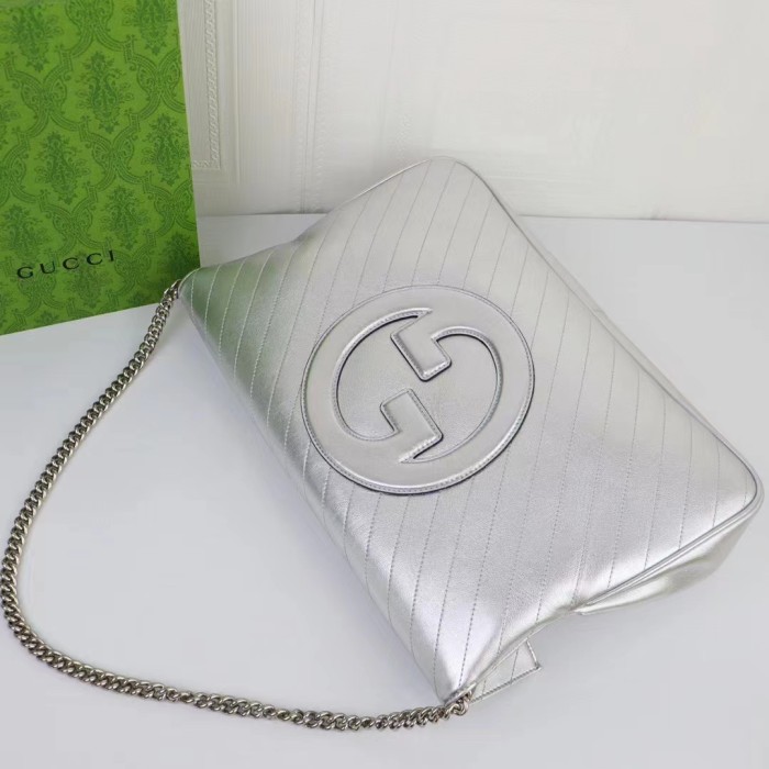 Gucci Unisex Blondie Medium Tote Bag Silver Lamé Leather Round Interlocking G