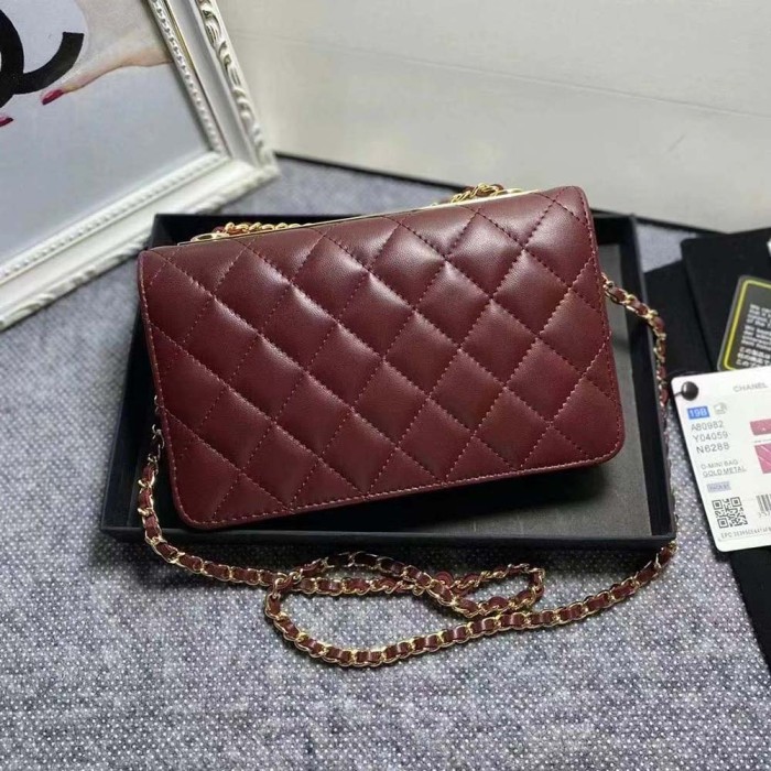Chanel Women Mini Flap Bag Calfskin & Gold-Tone Metal-Maroon