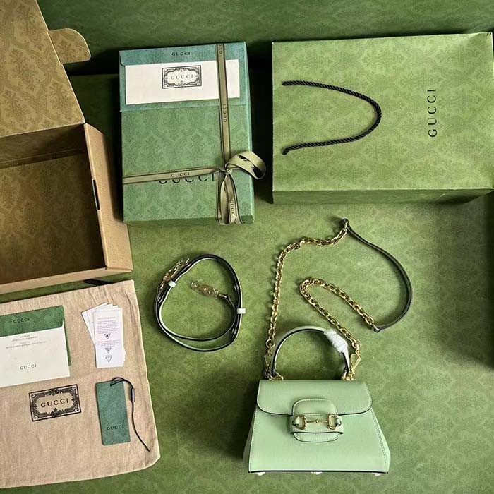 Gucci GG Women Horsebit 1955 Mini Bag Top Handle Bag Light Green Leather
