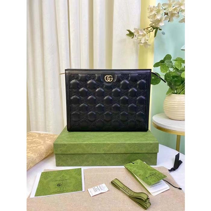 Gucci Unisex GG Matelassé Pouch Black GG Matelassé Leather Double G