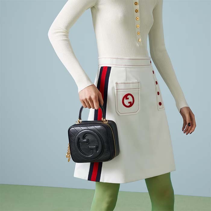 Gucci Women GG Blondie Top Handle Bag Black Leather Round Interlocking G