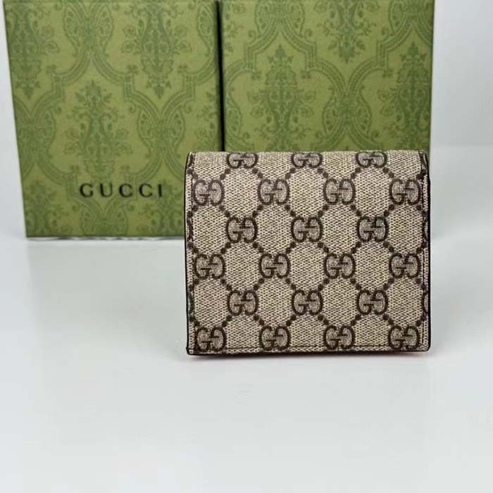 Gucci Unisex GG Marmont Card Case Wallet Double G Beige Ebony GG Supreme Canvas Pink Leather Style ‎658610 17WAG 5788